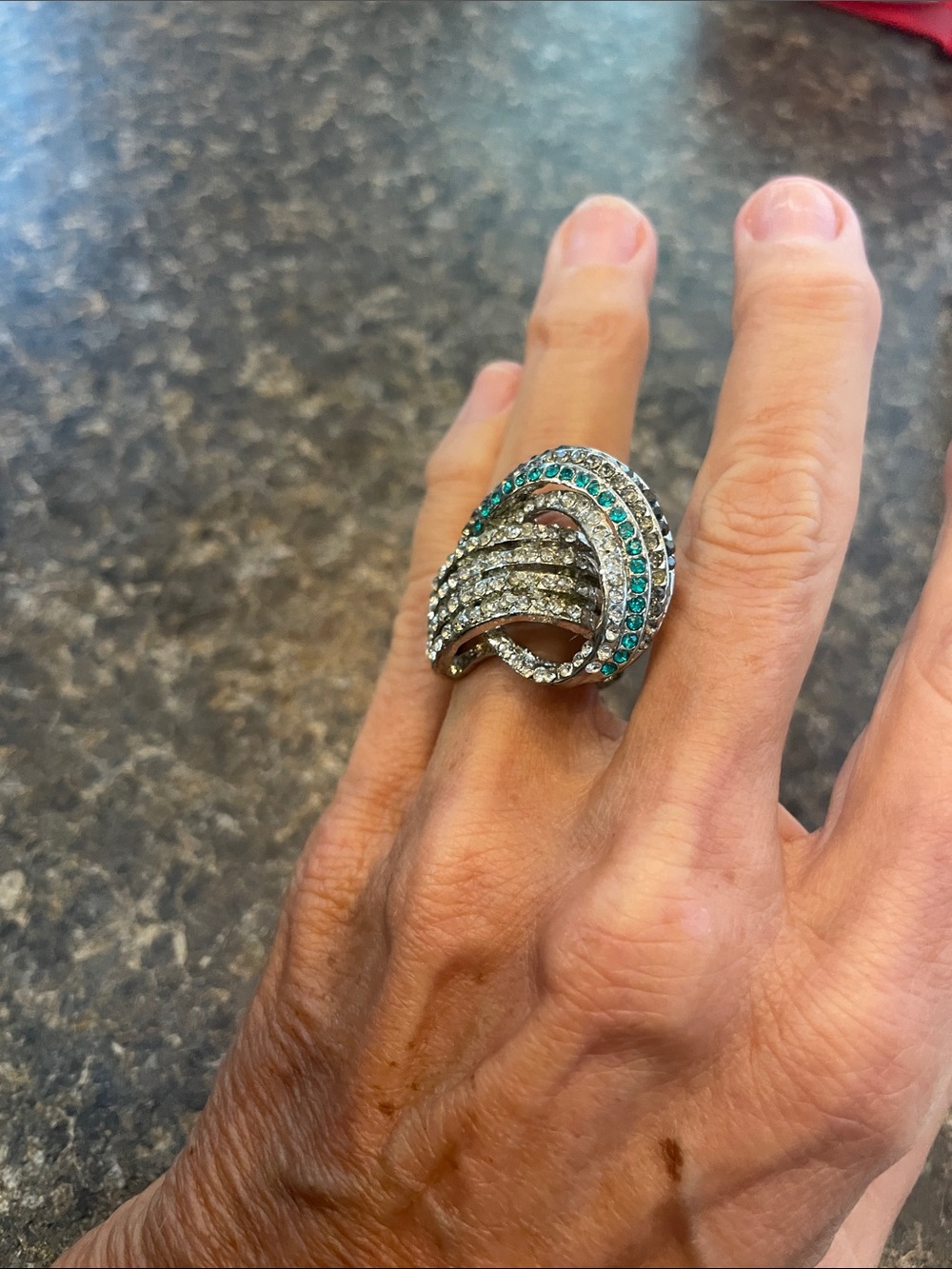 Crystal Pave Swirl Statement Ring in Silver with Teal Accents